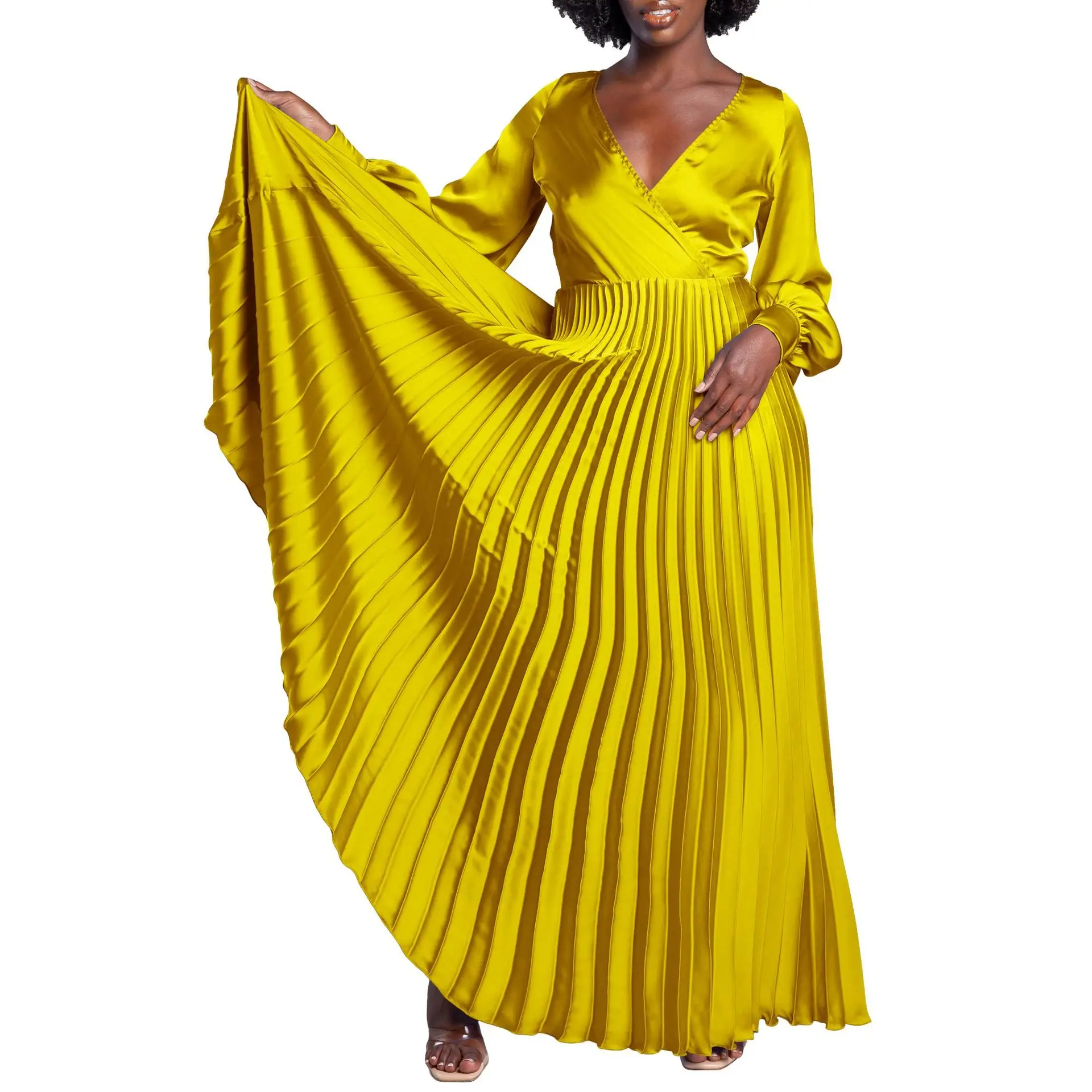 

African Party Evening Dresses for Women Spring 2024 Elegant African Long Sleeve V-neck Pleat Maxi Dress Dashiki Africa Clothing