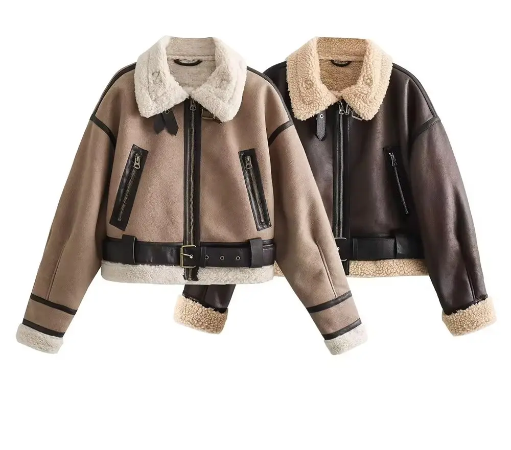 KONDALA Vintage Woman Patchwork Belt Short Jackets Pocket Turn-down Collar Fall Streetwear Fashion 2025 Winter Female Outwear