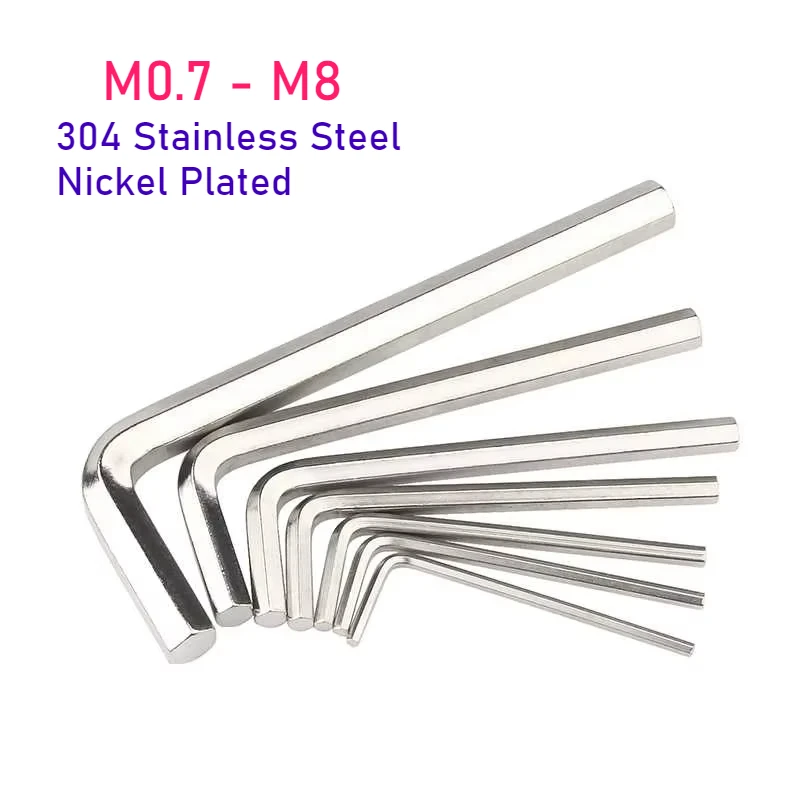 M0.7-M8 Allen Key Hex Wrench 304 Stainless Steel Nickel Plated Flat Head Hexagonal Keys Home Hand Tools L-type Repair Tools