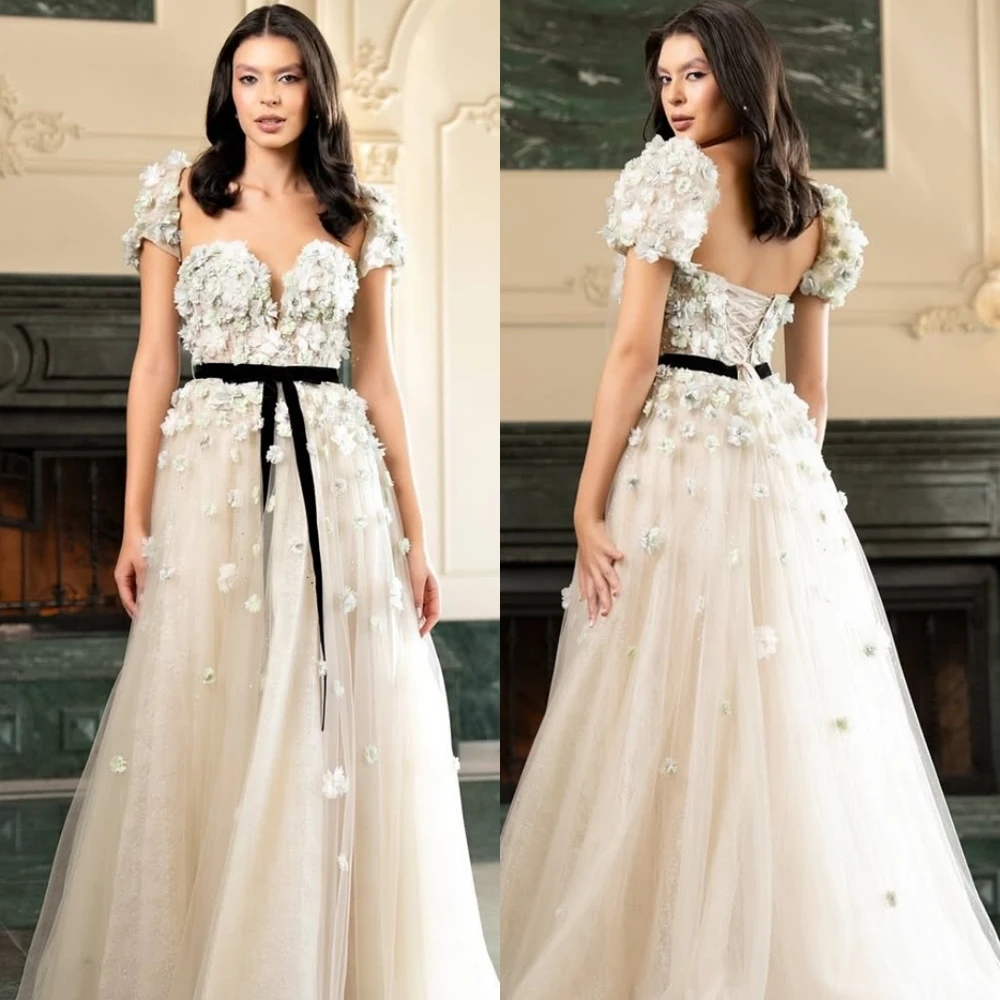 

Customized Temperament Sweetheart Tulle Evening Dress Elegant Appliques Prom Dresses Luxury Chapel Train Special Occasion Gowns