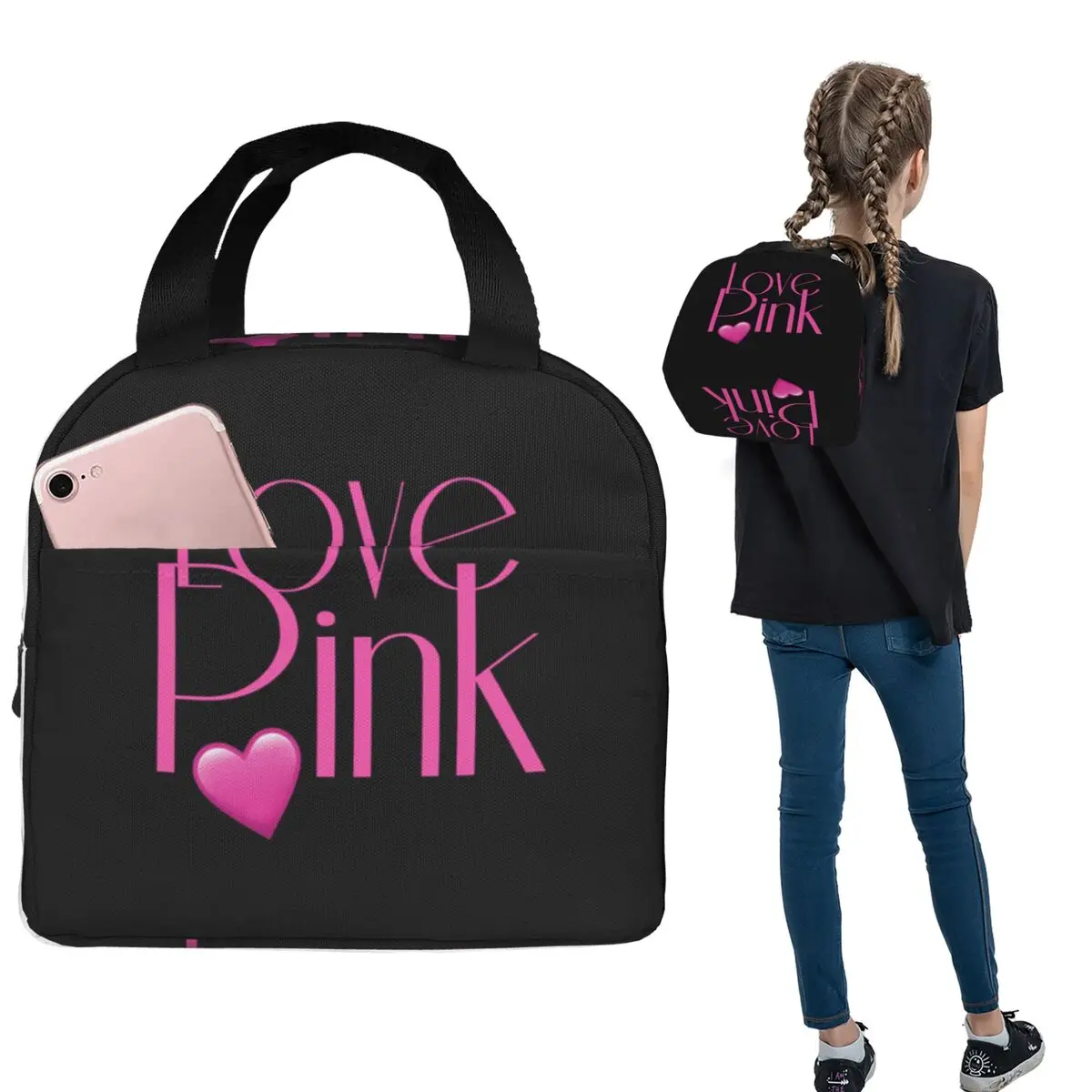 

Love Pink Insulated Lunch Bag for Women Kids Portable Food Boxes Thermal Lunch Box Tote