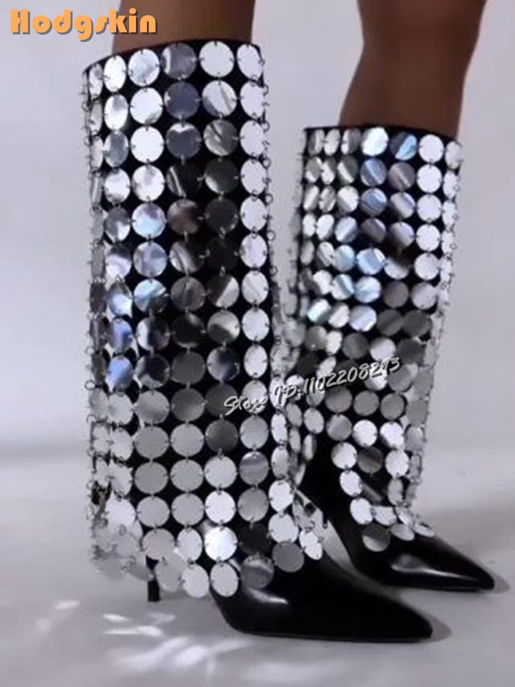 Bling Sequin Knee-high Boots Pointed Toe Side Zipper Stiletto Short Boots 2025 Autumn New Fashion Catwalk Women High Heels Shoes