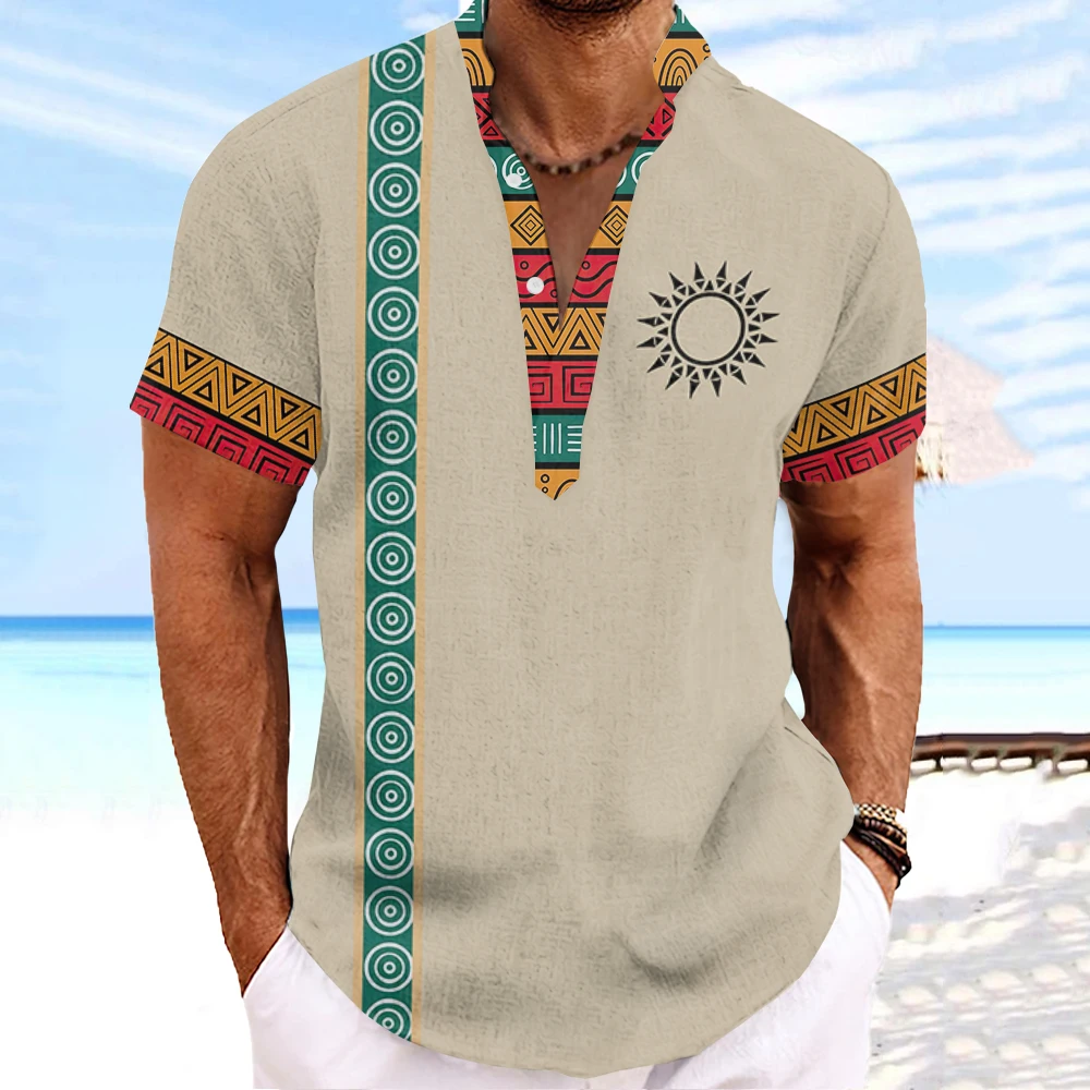 Vintage Henley Men T-Shirt Ethnic Streetwear For Male 3d Tribal Style Clothing Oversized Short Sleeve Top Summer Hawaiian Shirts