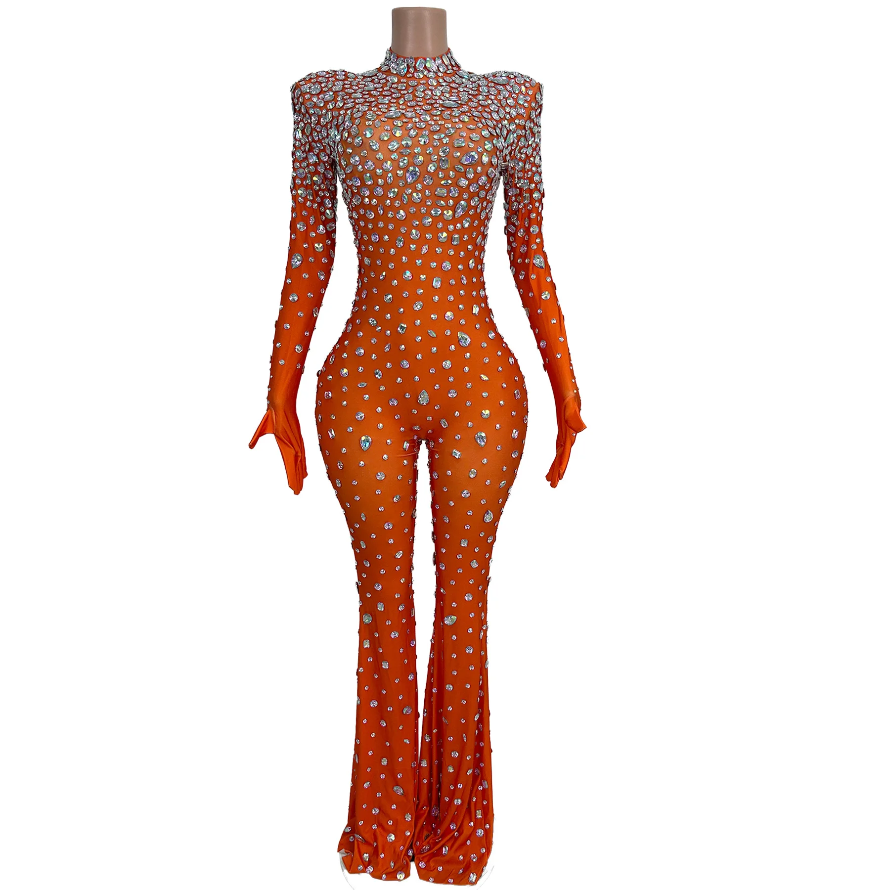 

Sexy long sleeves Rhinestone Wide Leg Jumpsuit Women Plus Size bodycon prom crystal rompers birthday Nightclub Party playsuits