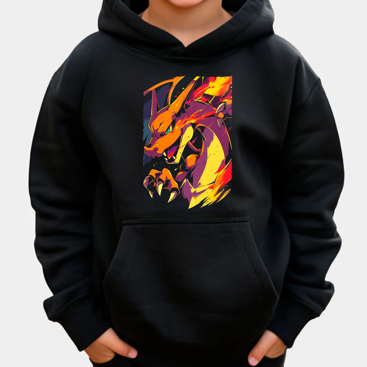 Pokemon Anime Charizard Sudadera con capucha de algodón Color negro con patrón de dragón de llama púrpura naranja ajuste suelto Otoño Invierno calidez Casual