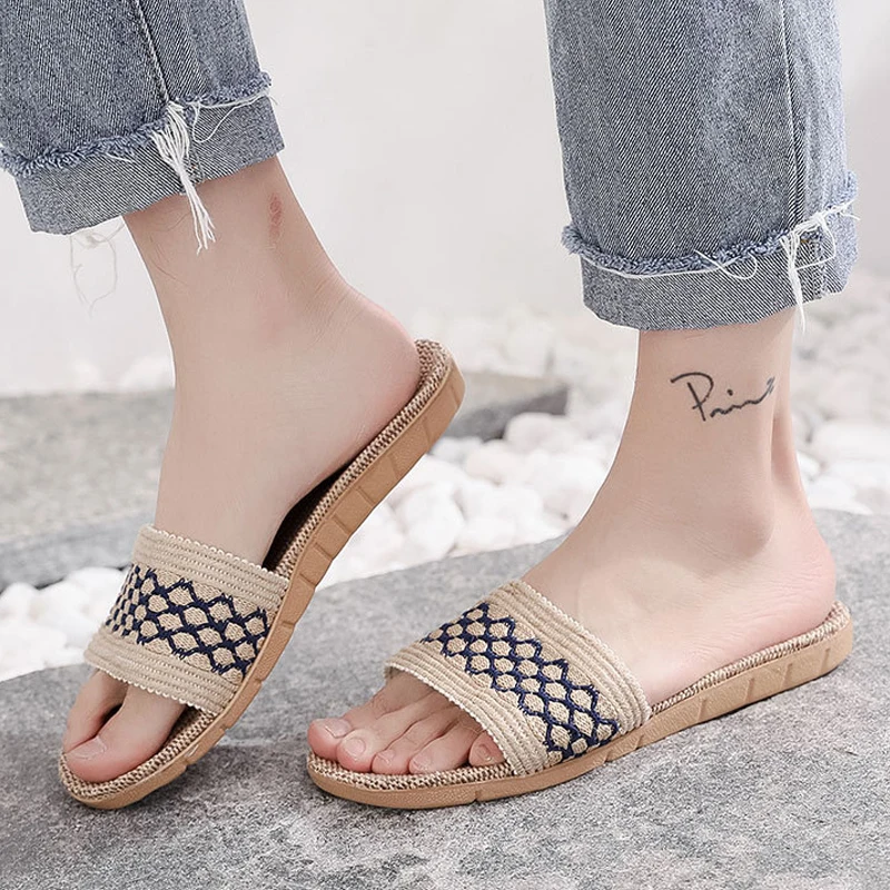 Summer Women Men Home Slippers Indoor Flat Shoes Casual Flax Slides Linen Slippers Ladies Flip Flops Sandals Zapatos Mujer