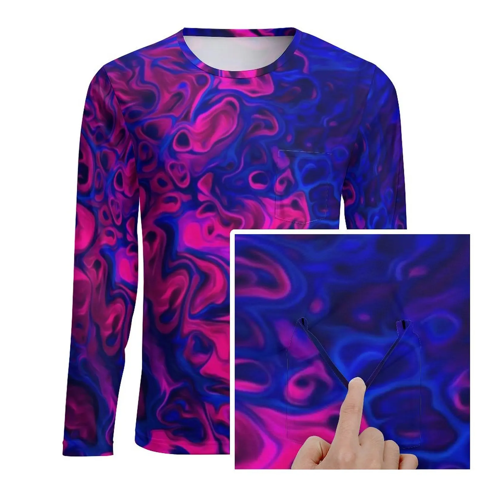 Colorful Liquid T-Shirt Abstract Marble Design Hip Hop T Shirts Pocket Long Sleeve Design Tops Spring Streetwear Oversize Tees