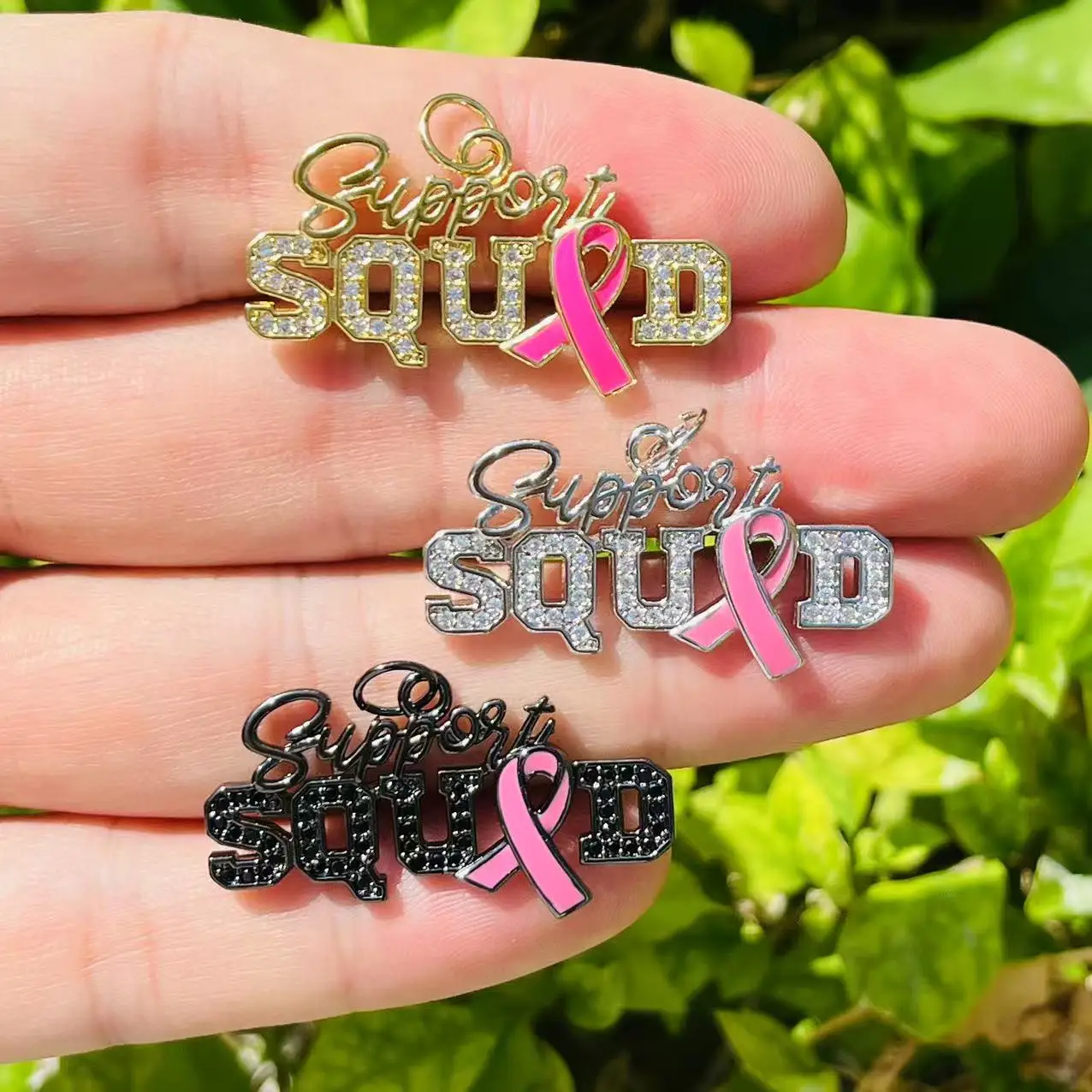 

5Pcs/Lot Zirconia Paved Pink Ribbon Support Squad Charms for Breast Cancer Awareness Pendant for Jewelry Making