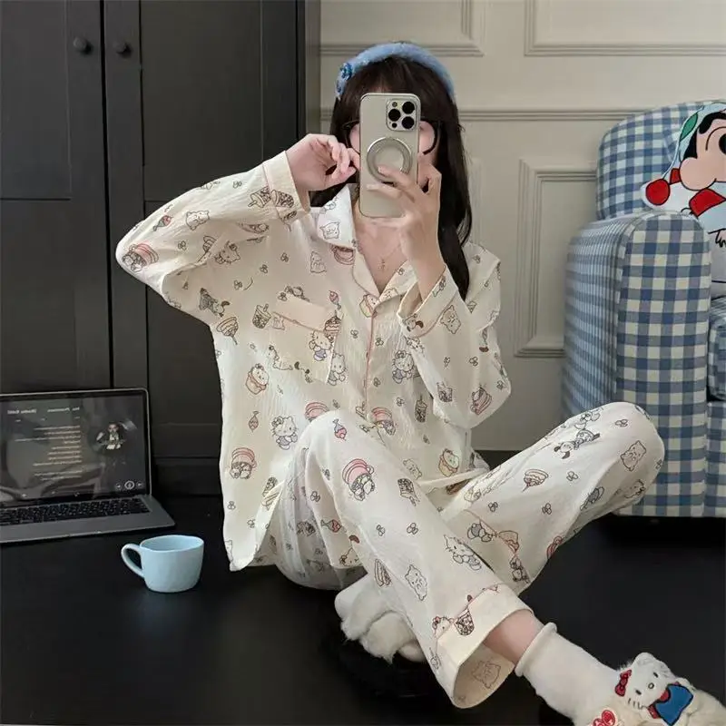 

Sanrio, новый стиль, с длинным рукавом, 2 шт., женская домашняя одежда с героями мультфильмов «Hello Kitty», осенние хлопковые осенне-зимние модные пижамы с облаком