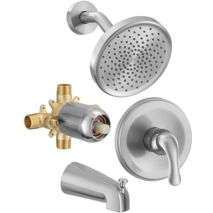 

Tub and shower faucet set for bathroom, brushed nickel, single-handle trim kit with high-pressure 6-inch rain shower head and t