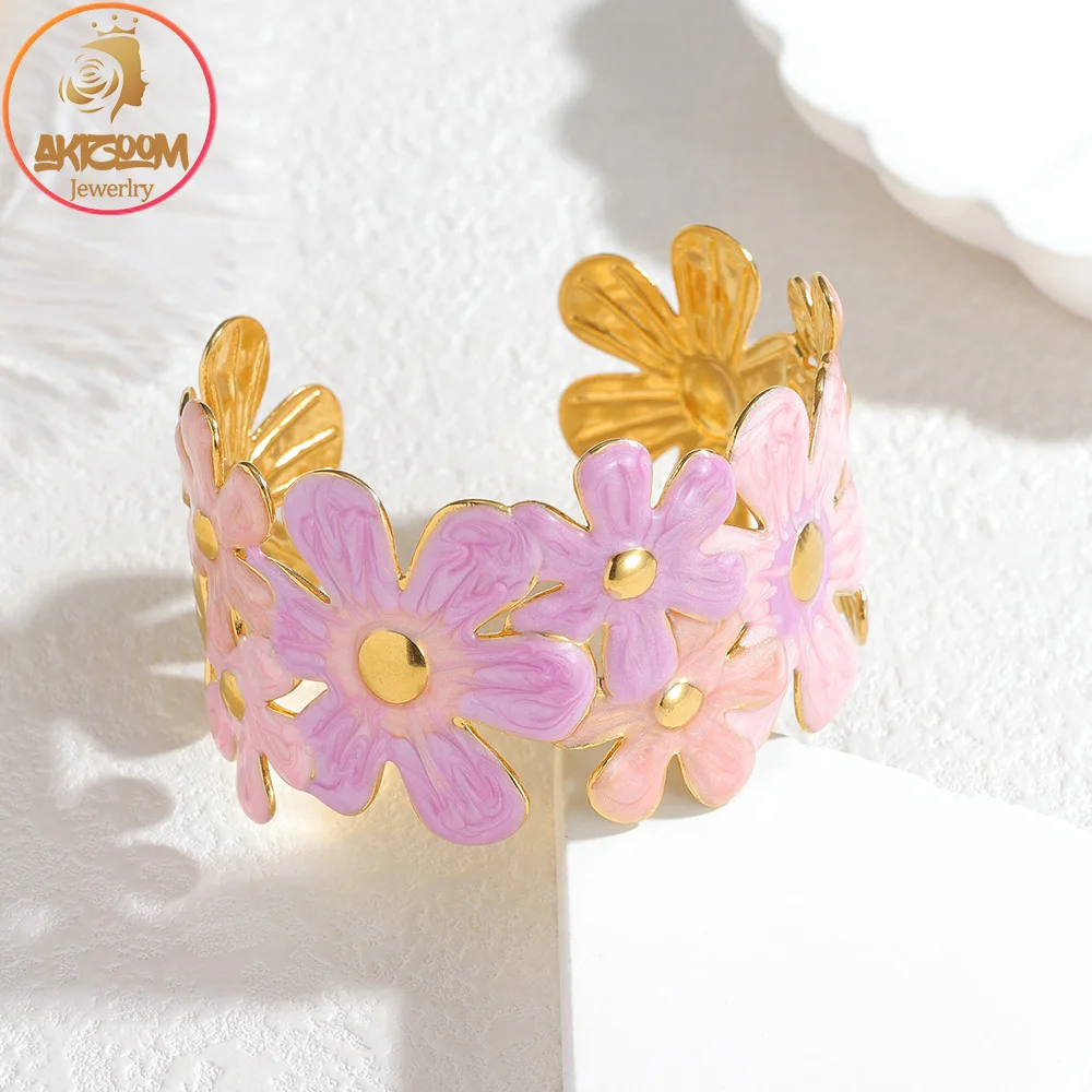 Colorful Wide Open Oil Drip Sunflower Bangle For Women Girl Gold Plated Stainless Steel Open Bangle Beach Christmas Jewelry Gift