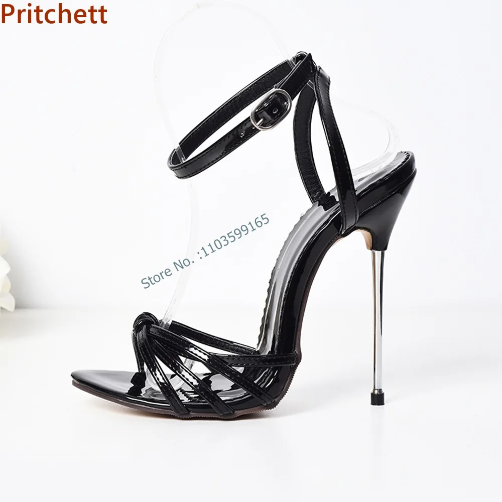 

13 Cm Twist Thin Heel Sandals Pointy Toe Ankle Band Buckle Strap Metal Heel Solid Black Slingback Summer Women's Runway Shoes