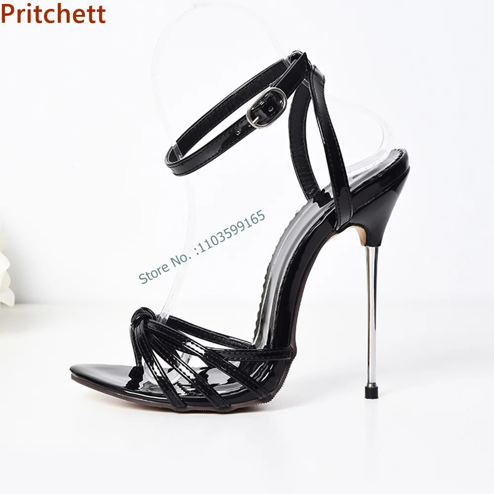 13 Cm Twist Thin Heel Sandals Pointy Toe Ankle Band Buckle Strap Metal Heel Solid Black Slingback Summer Women\'s Runway Shoes