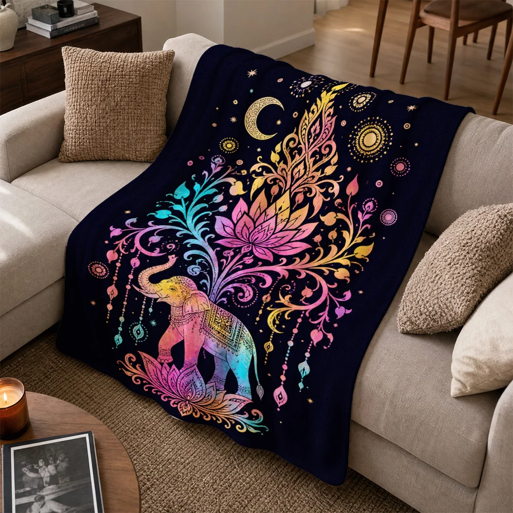 Bohemian Boho Mandala Elephant Print Throw Blanket for Sofa Couch Throw Psychedelic Hippie Yoga Decor Ethnic Chic Art Cozy Livin