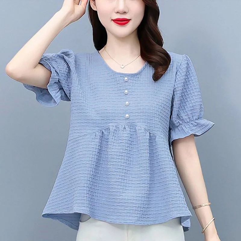 Elegant O-Neck Button Loose Folds Ruffles Blouse Women Clothing 2023 Summer New Casual Pullovers Office Lady Puff Sleeve Shirt