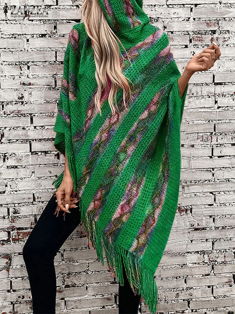 

ZANZEA вязаный пуловер с капюшоном Sewaters 2025 модные женские туфли с кисточками длинные морские осенние повседневные толстовки с длинными рукавами «летучая мышь» трикотаж