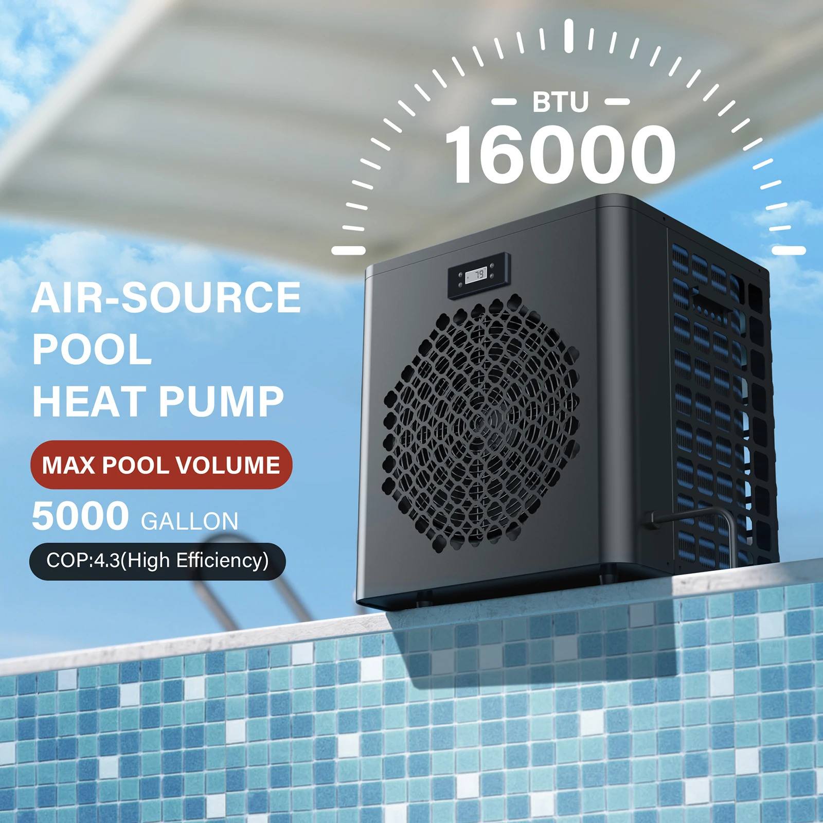 16K BTU para piscinas acima do solo - 110V com eficiência energética (4,3COP) e ultra silencioso 50dB - Estende a temporada de natação com bomba de calor fácil em piscina