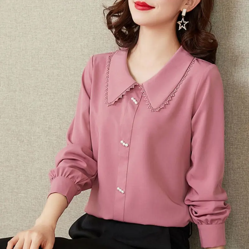 Fashion Commute Peter Pan Collar Blouse Elegant Lace Spliced Spring Solid Color Korean Female Clothing Chic Pearl Beading Shirt