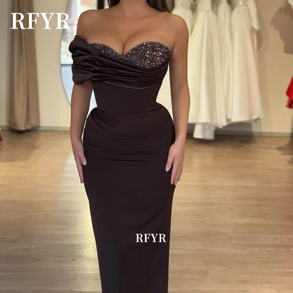 RFYR Off Shoulder Prom Dress with Sequins Brown Evening Dress Mermaid Party Princess Dress for Arabic Women Customized