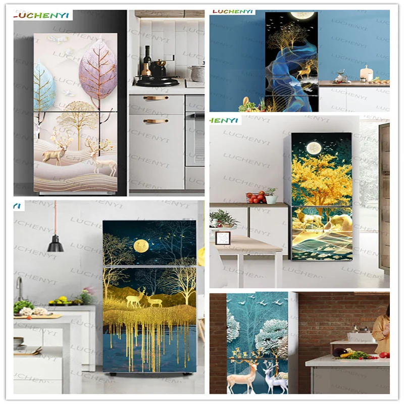 Custom landscape gold nordic moose 3d fridge sticker door wallpaper mural, kitchen restaurant shop paper home decor