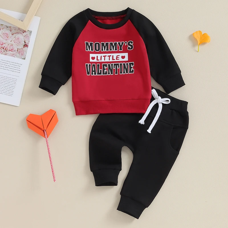 Valentine s Day Toddler Boys Outfit Set with Red Heart Print Long Sleeve Pullover and Grey Drawstring Pants