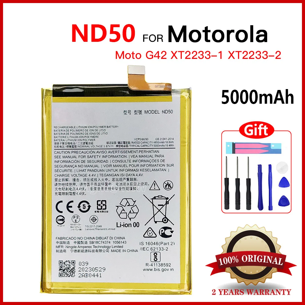 Genuine 5000mAz ND50 Battery For Motorola MOTO G42 XT2233-1 XT2233-2 Cell Mobile Phone Batteria + Free Tools