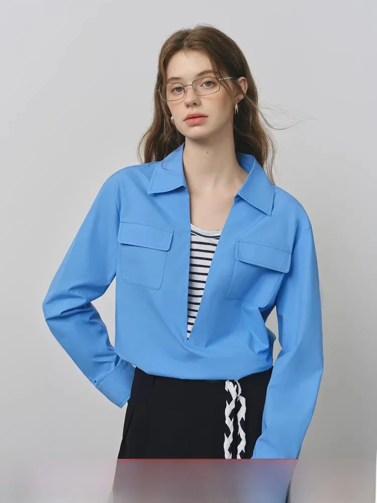 

Commute Sle Loose Long Sve Overhead Women's irt Color Blo Fake Two-Piece Design Cotton Pure Color Collar