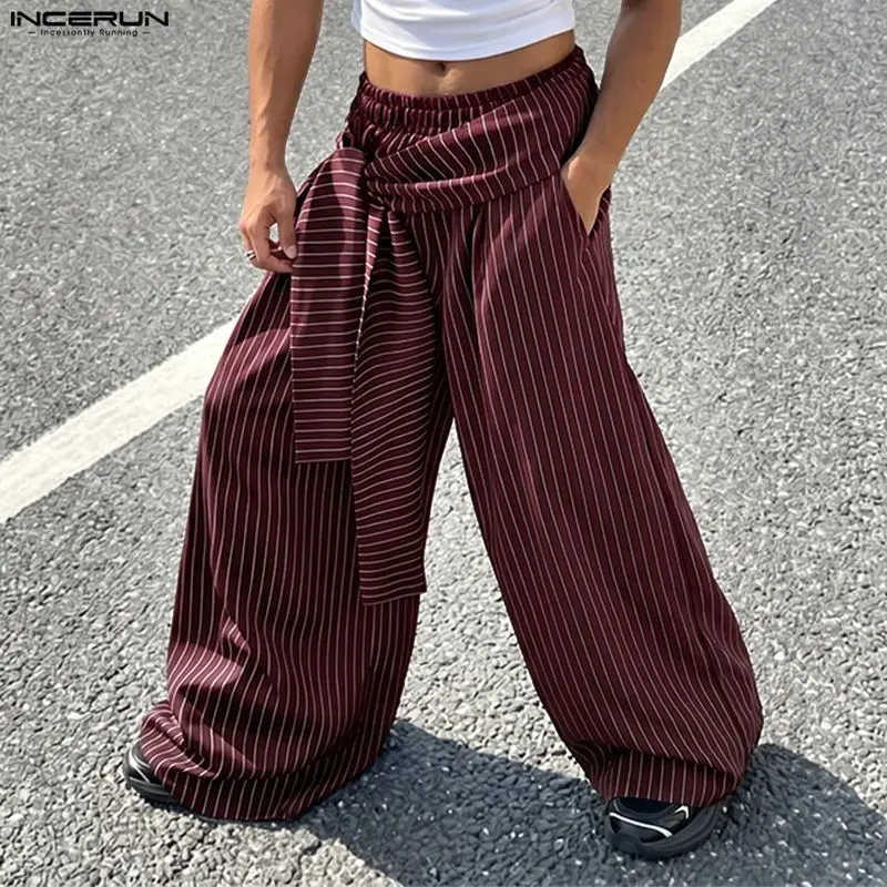 INCERUN Gestreifte Herrenhose mit Schnürung, lockere, lässige Hose mit weitem Bein für Herren, Streetwear, modische Oversize-Hose, Pantalones