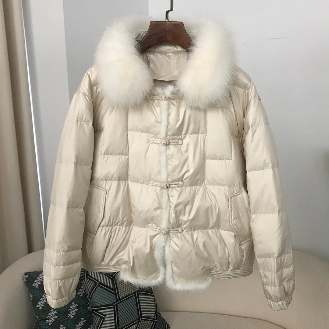 90 White Duck Down Jacket Ladies Loose Vintage Real Fox Fur Collar Winter Women Short Warm Puffer Coat Female Parka Outerwear