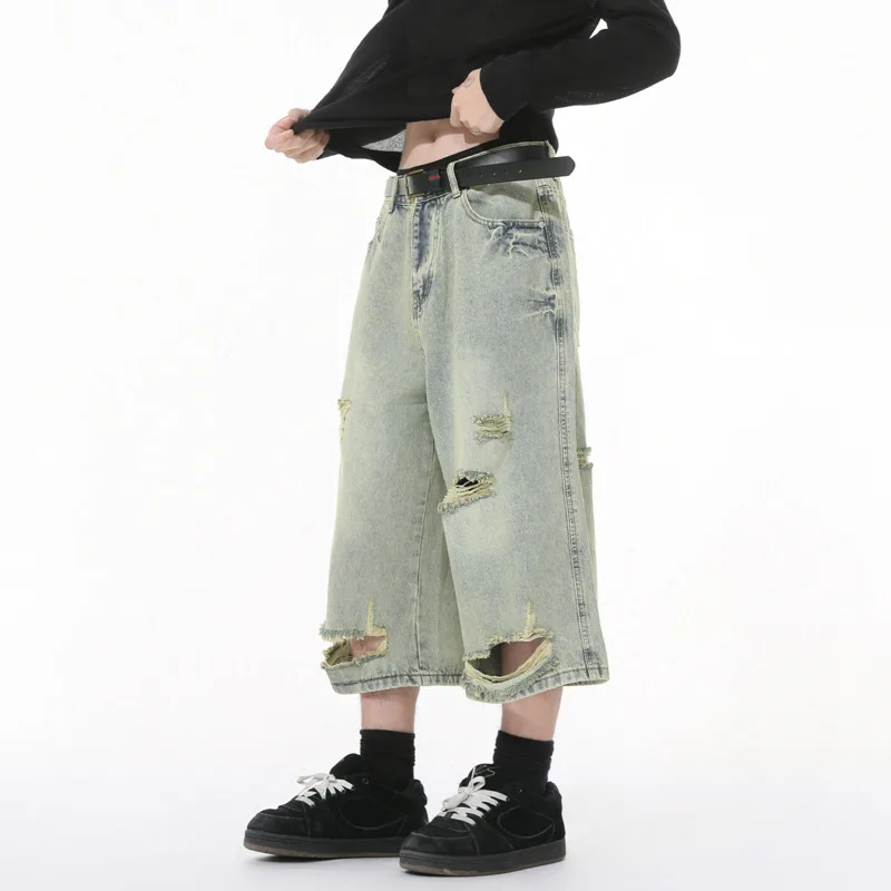 

High Street Men's Denim Shorts Irregular Holes Design Solid Color Straight Trousers Wide Leg 2025 Summer Male Jeans New