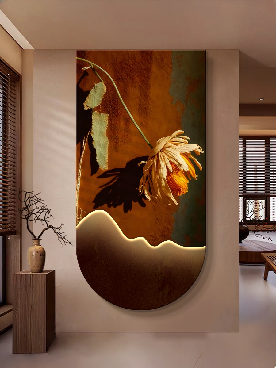 Mid Ancient Style Sunflower Entrance High-end Foyer Decoration Painting Facing The Door Hanging Painting Corridor Mural Light