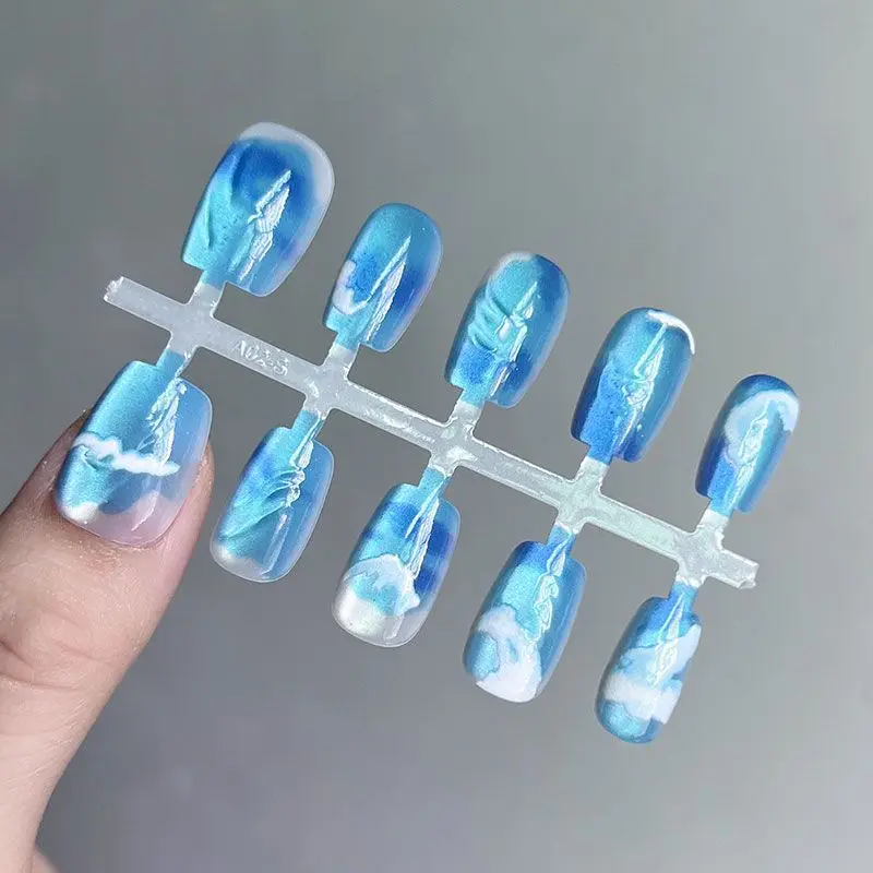 

10pcs Summer Fresh Short Square False Nails Tips Almond Cute Printed Press On Nails Ocean Series Wearable Cat's Eye Fake Nail