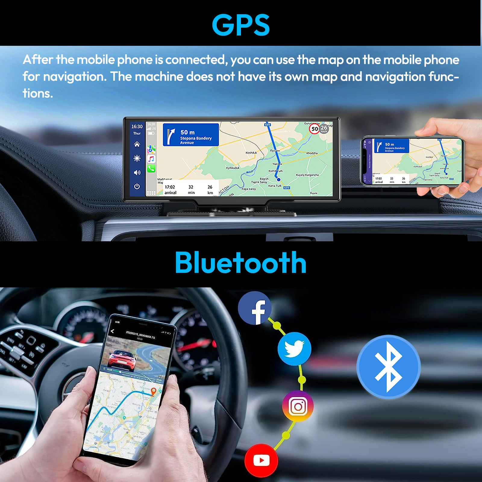 ESSGOO Portable Car Multimedia Player Wireless Carplay Android Auto Player 10.26 Inch IPS Screen WiFi Bluetooth Voice Control