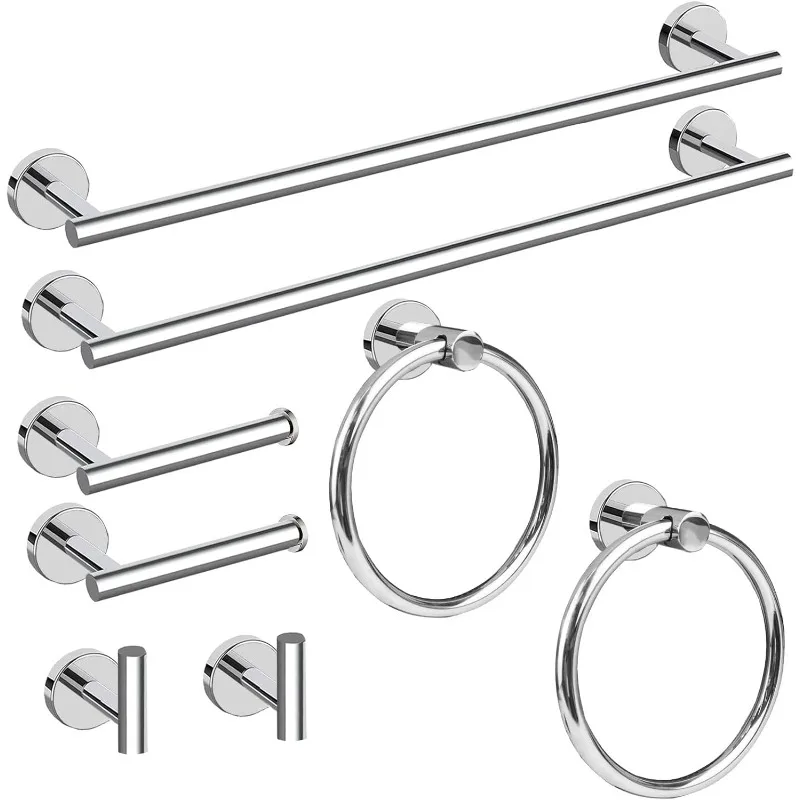 8 Piece Polished Chrome Bathroom Hardware Set, 24inch Bathroom Towel bar+Towel Ring+Toilet Paper Holder+ Robe Towel Hook