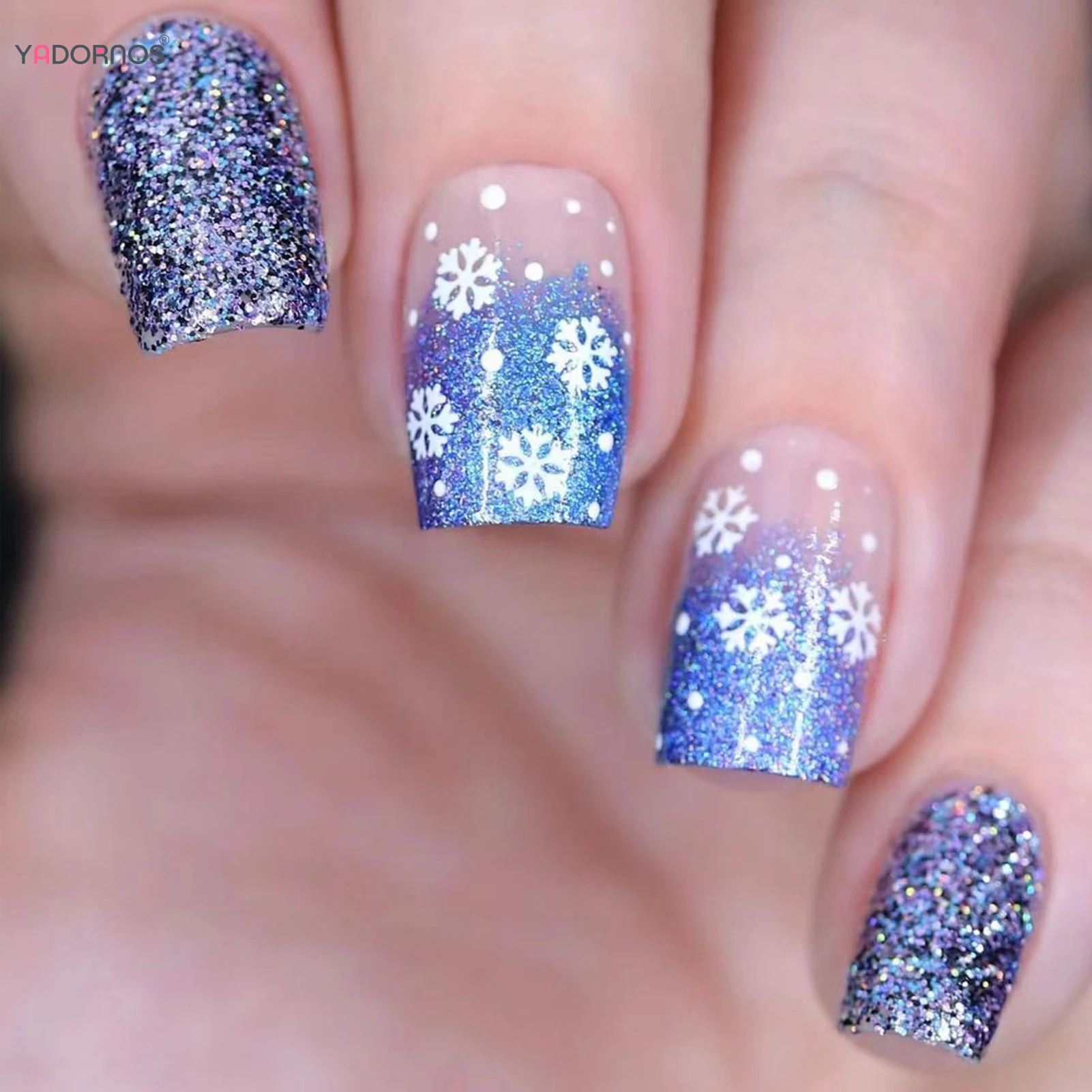 Uñas postizas con lentejuelas azules brillantes, dijes cuadrados cortos, uñas postizas con estampado de copos de nieve blancos para mujer, uñas postizas para fiesta de Navidad