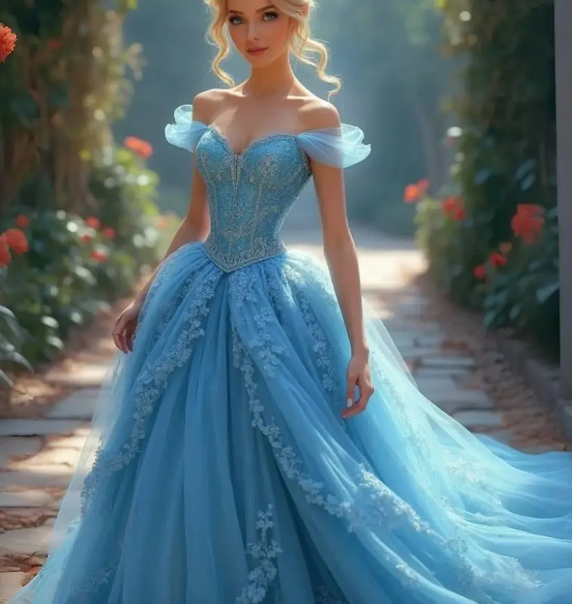 فساتين الأميرة مستوحاة من سندريلا Quinceanera بدون أكتاف أزرق سماوي تول الأميرة 16 فستان حفلة موسيقية مناسبة مخصصة