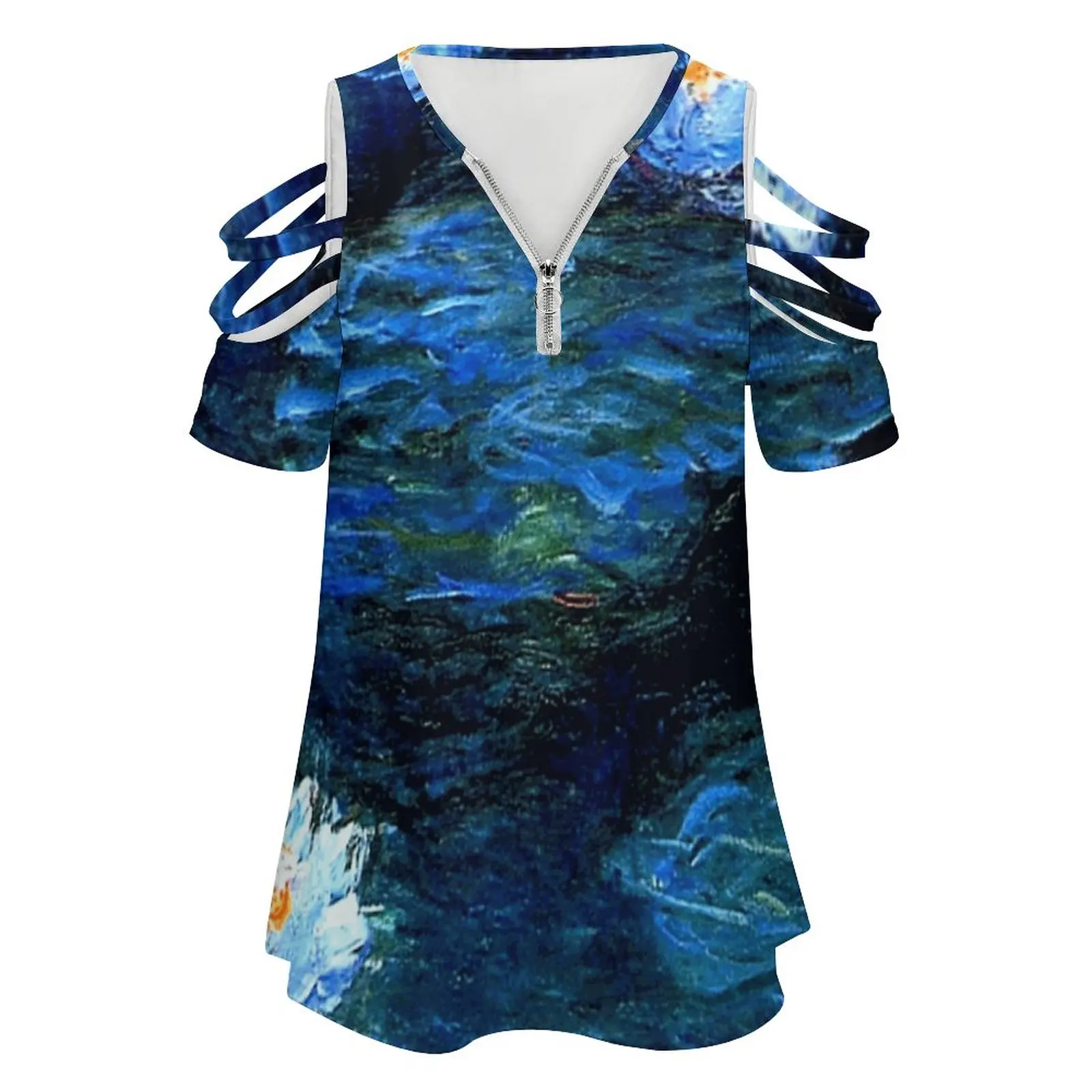 Water Lilies Deep Blue Women's T-Shirt Summer Fashion Print Floral V-Neck Zipper Tshirt Hollow Pullover Ladies Top Claude Water