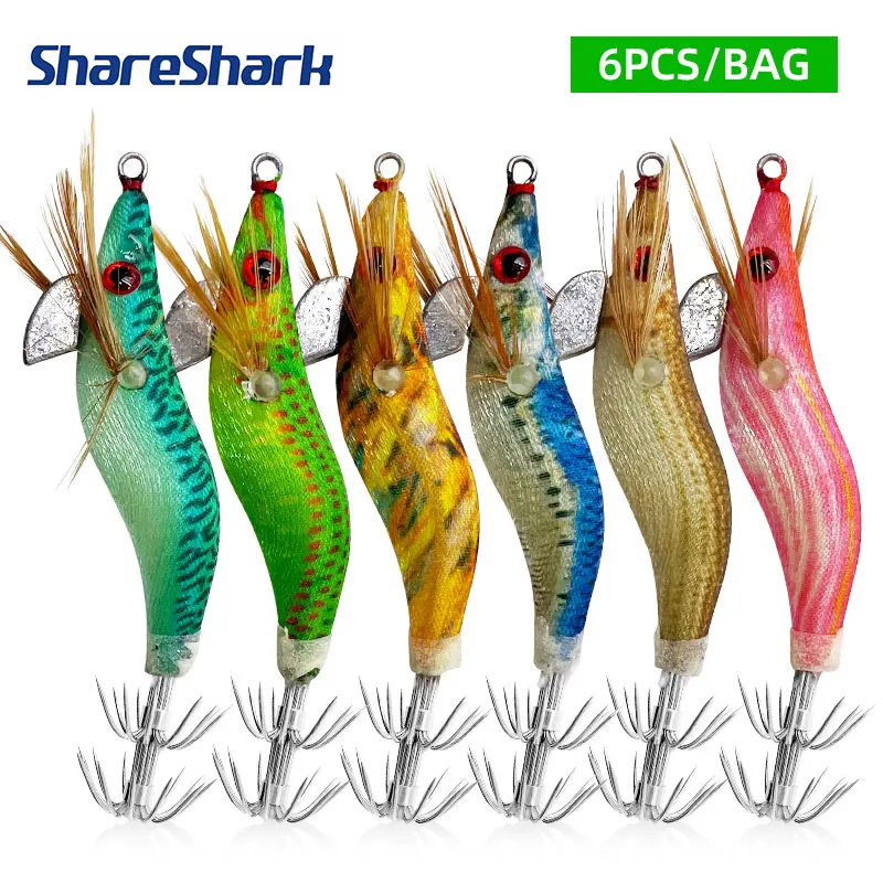 ShareShark 6 Stück/Beutel 1,5 Holz-Garnelen-Tintenfisch-Haken Künstliche Köder 7cm 8,2g Leuchtender Oktopus-Tintenfisch-Anlockköder Angelköder
