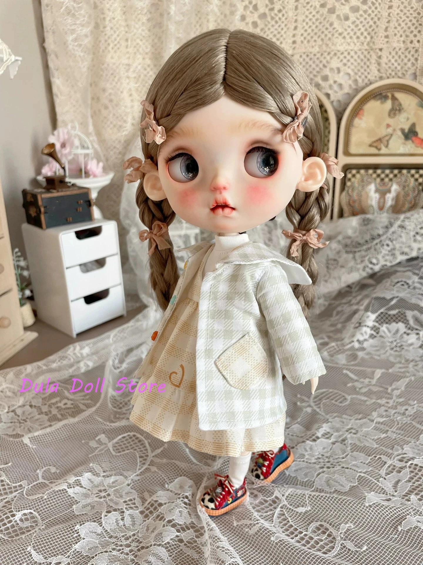 s デュラドール服 シンプルな明るい色のチェック柄ドレスとトップスセット ブライス ob24 ob22 ICY ジェリービー 1/6 ドールアクセサリー