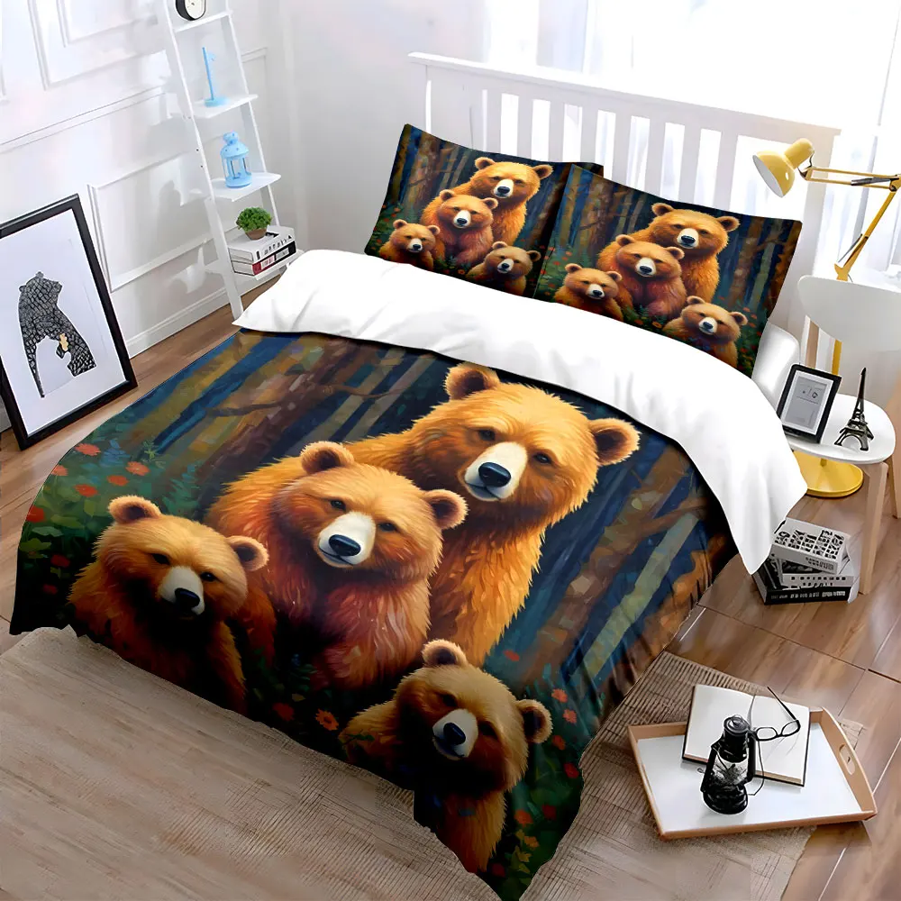 Brown bear family in forest Print Soft Comfortable Duvet Cover Bedding Set Included 1*Duvet Cover 2*Pillowcases Luxury gifts