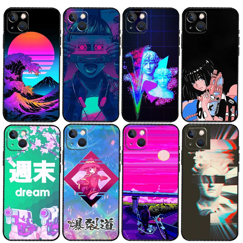 Anime Vaporwave Glitch Case For iPhone 14 15 16 Pro Max 11 12 13 Mini X XR XS Max Plus Phone Back Cover