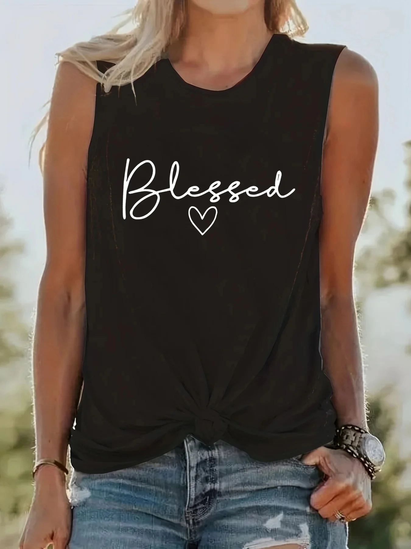 Women's Blessed Print Sleeveless Vest White T-shirt  Summer New Product Solid Color Sexy New Fashion Printed Round Neck