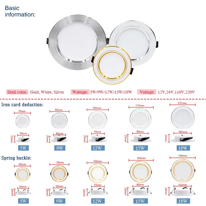 10 pz/lotto faretto da incasso a LED lampada da soffitto AC 110V 220V 5W 9W 12W 15W 18W faretto a Led bianco freddo/bianco caldo DC12V 24V