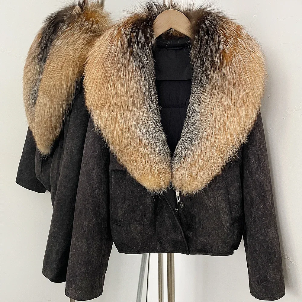 OFTBUY Großer Natürlicher Pelzkragen Dicke Vintage-Jacke Damen Entendaunen-Parka mit Pelz für Frauen Kurze Lose Daunenjacke – Detail 11