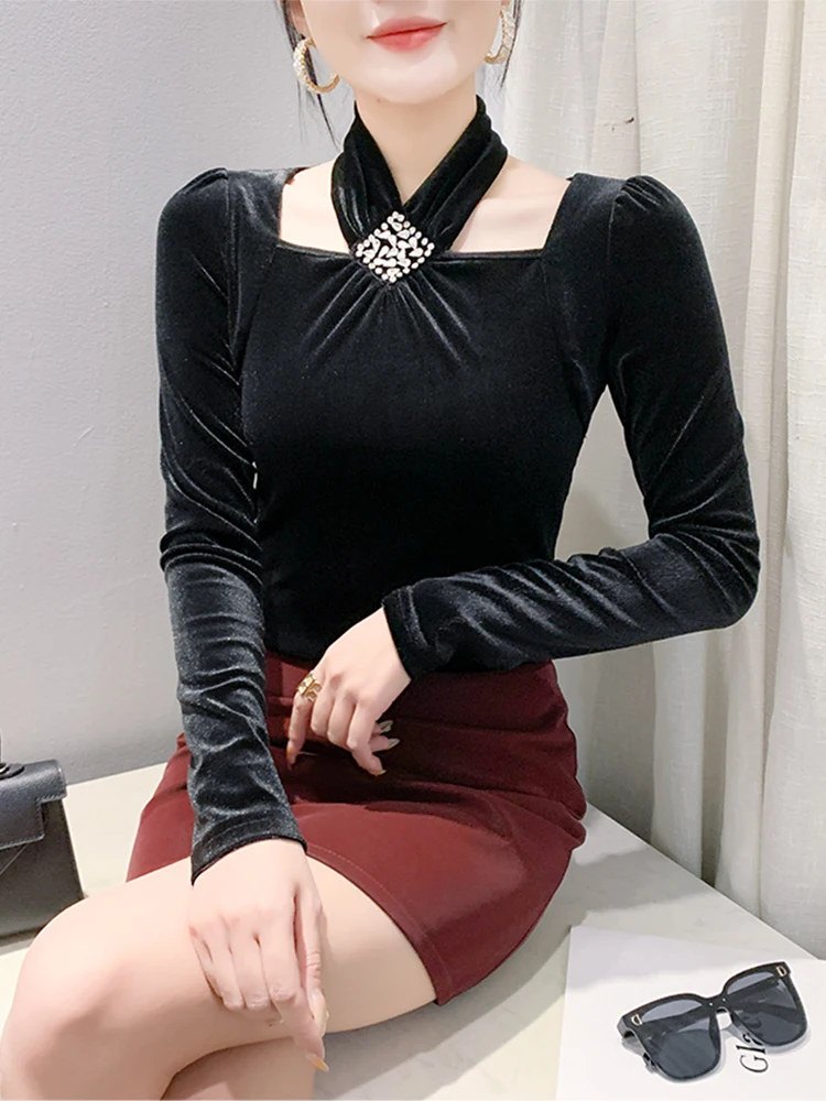 Sexy Samt-Langarmshirt für Damen, Frühlingsfest-Feier, Strass, schmal geschnitten, vielseitig, Trendy