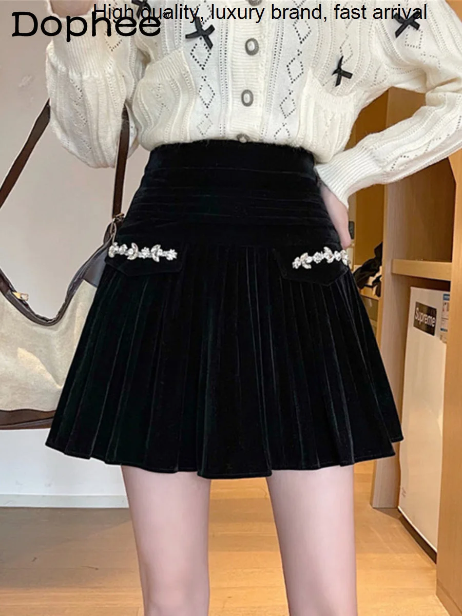 

Rhinestone Velvet Hot Women High Waist Slimming A- Line Bubble Pleated Skirt Autumn and Winter Hepburn Style Black Faldas