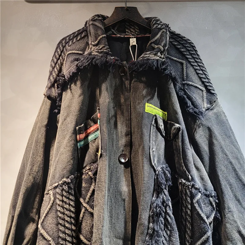 2024 가을 새로운 느슨한 대형 디자인 니트 술 스티치 여성 패션을위한 고민 된 코트를 씻어