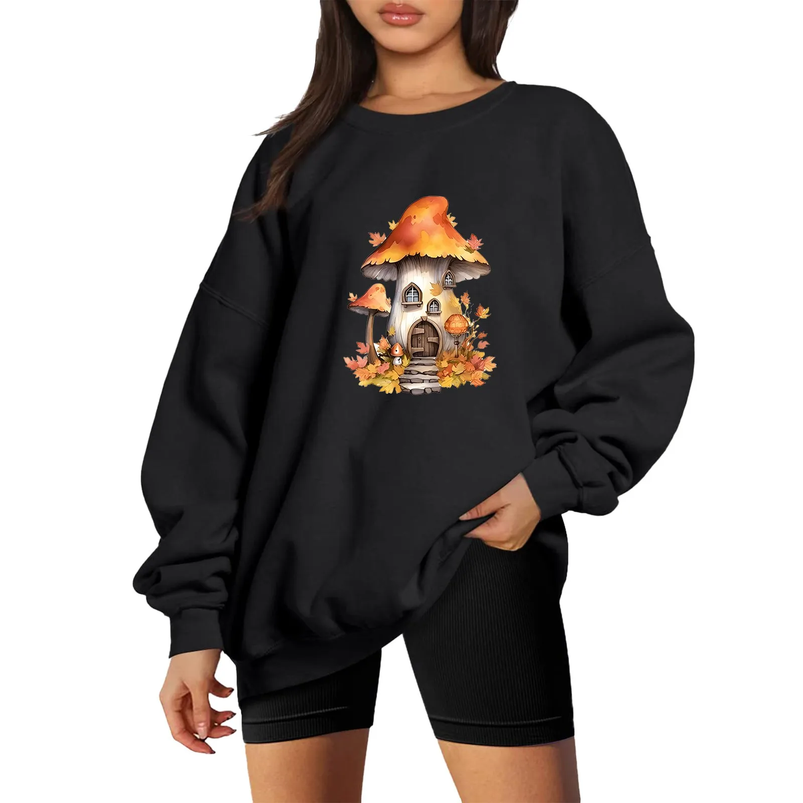 

Mushroom Print Women Sweatshirts Vintage Oversized Crewneck Tops Woman Drop-Shoulder Pullovers Sweatshirts Tops Streetwear