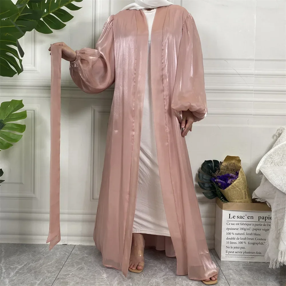 White Satin Abaya Kimono Shiny Silk Stretch Balloon Sleeve Muslim Dress Saudi Open Abayas for Women Dubai Turkey Islam Cardigan