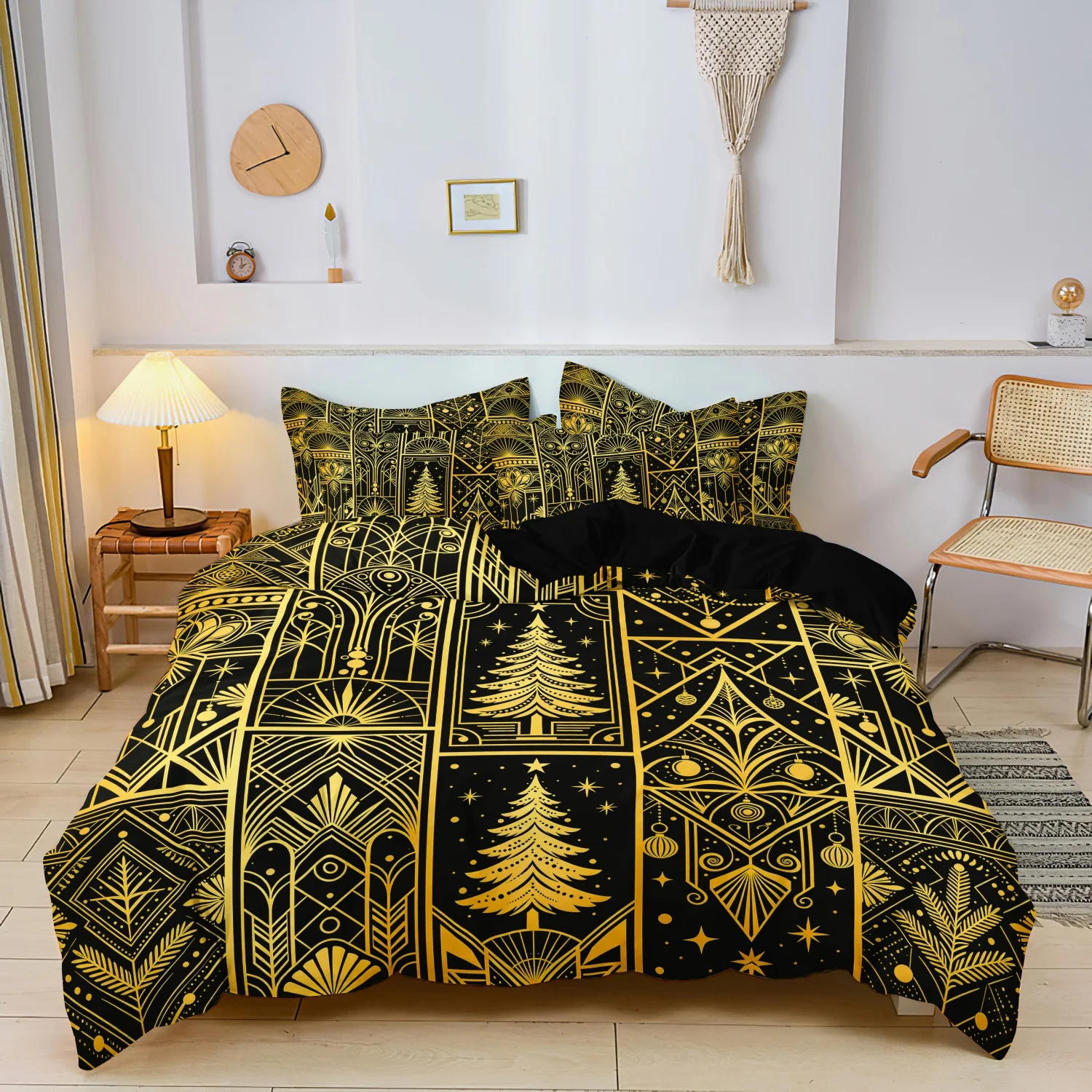 3Pcs Luxury Art Deco Black & Gold Christmas Duvet Cover Set, Vintage Golden Line Art Christmas Tree & Star Pattern Bedding